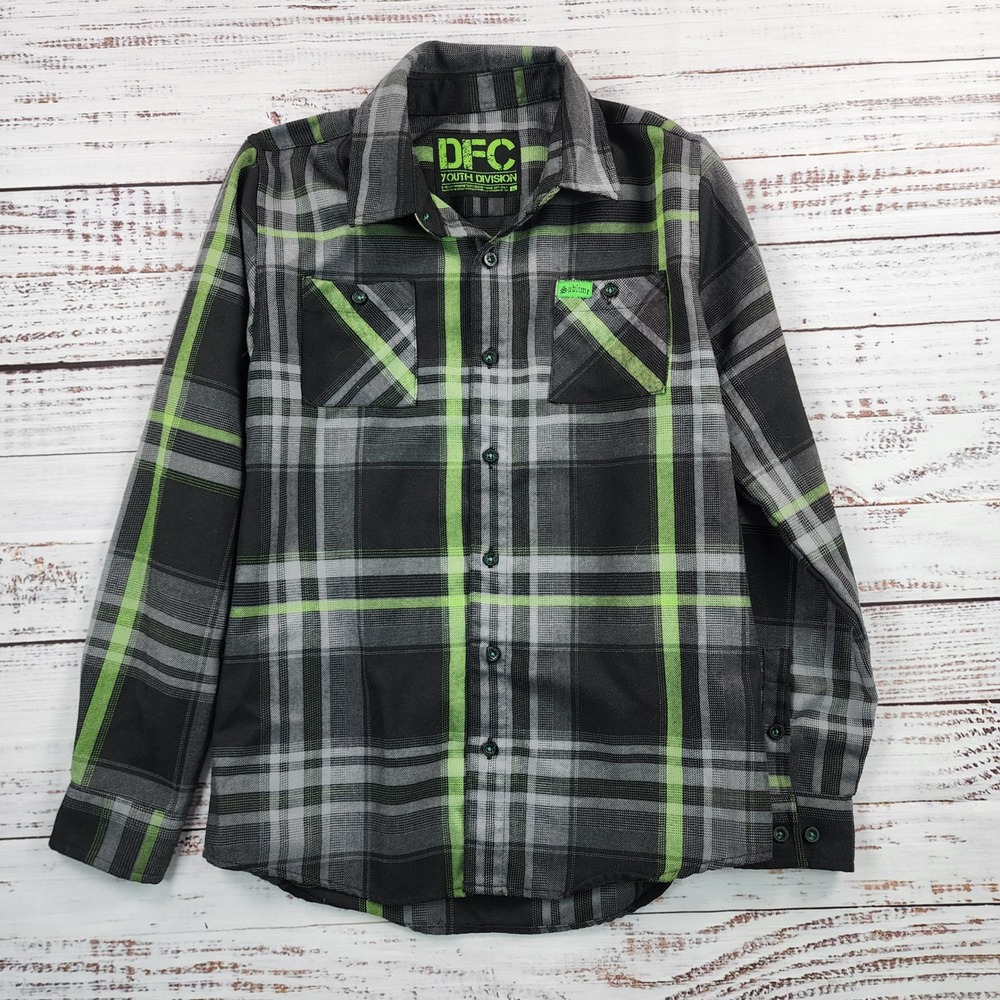 Dixxon x Sublime Youth Flannel Shirt Kids Large Black‎ Gray Green Plaid
